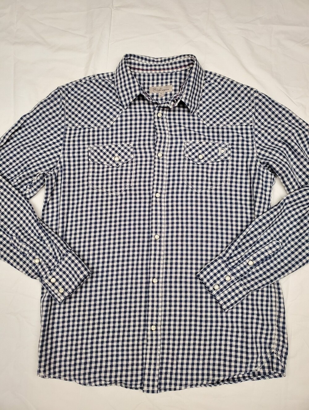Blue Ranchwear Men's M Navy White Gingham Western Pearl Snap Shirt
